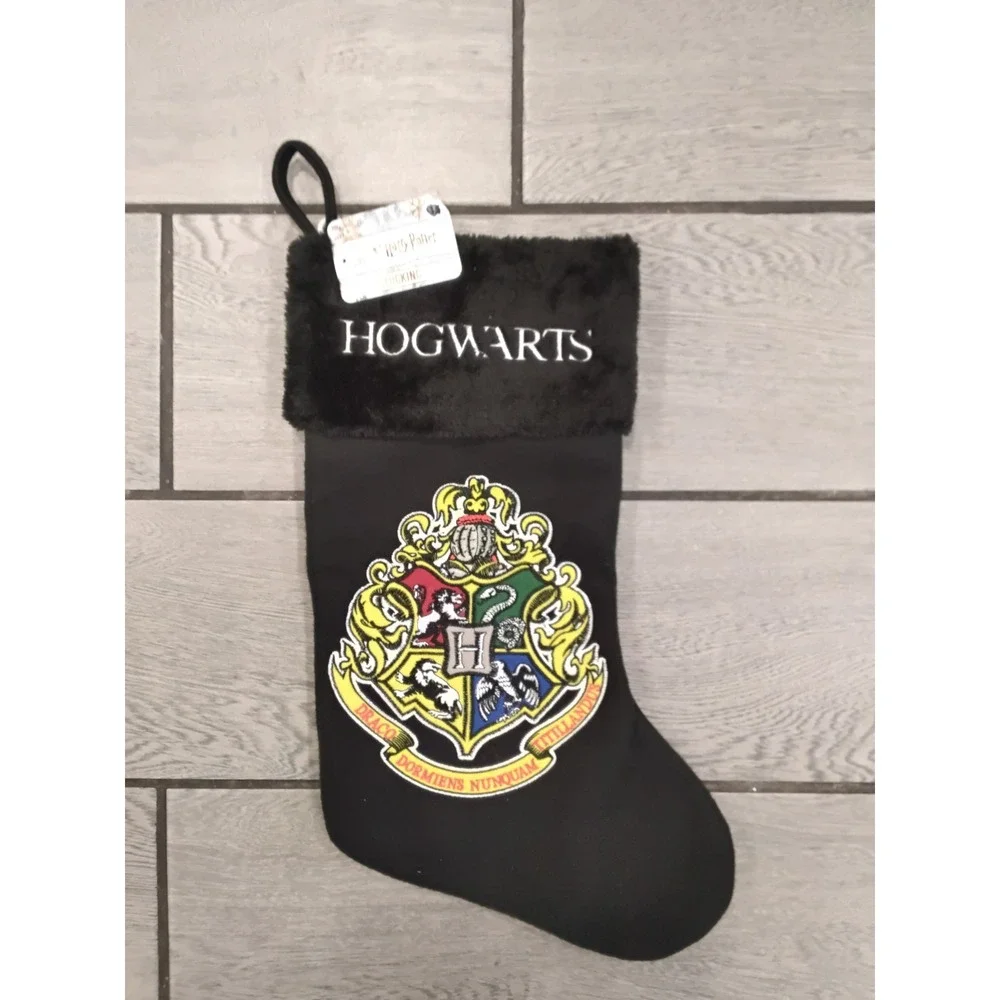 Harry Potter Hogwarts Christmas Stocking Black Faux Fur Crest NWT